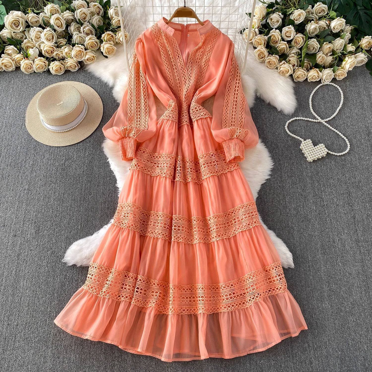 Women's Clothing Lace Splicing V Neck Long Sleeved Dress Autumn French Elegance Lace Dress – V-Neck Long Sleeve With Flared Hem & Waist Tie