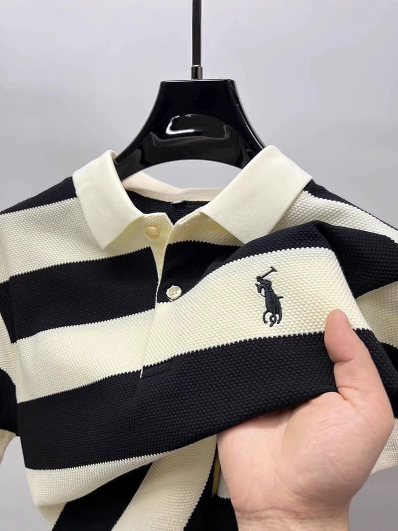 Polo rayé brodé pour homme, manches courtes