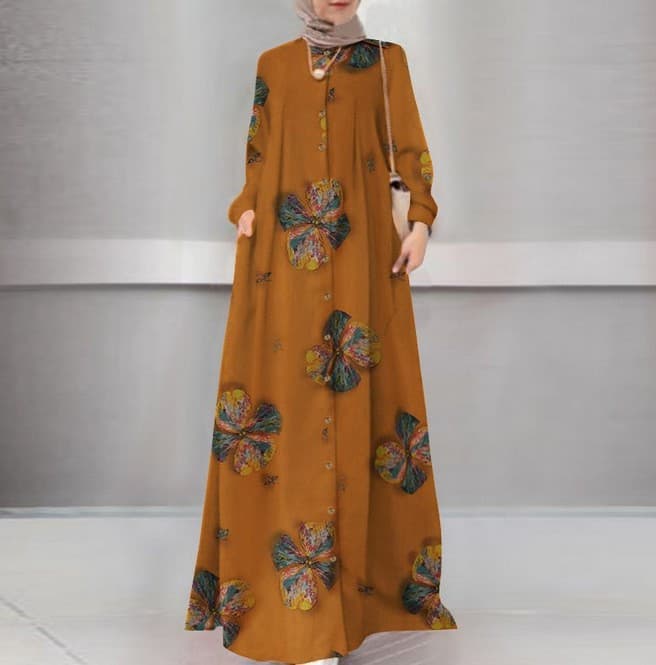Women's printed long shirt Muslim plus size women's loose casual retro long-sleeved dress