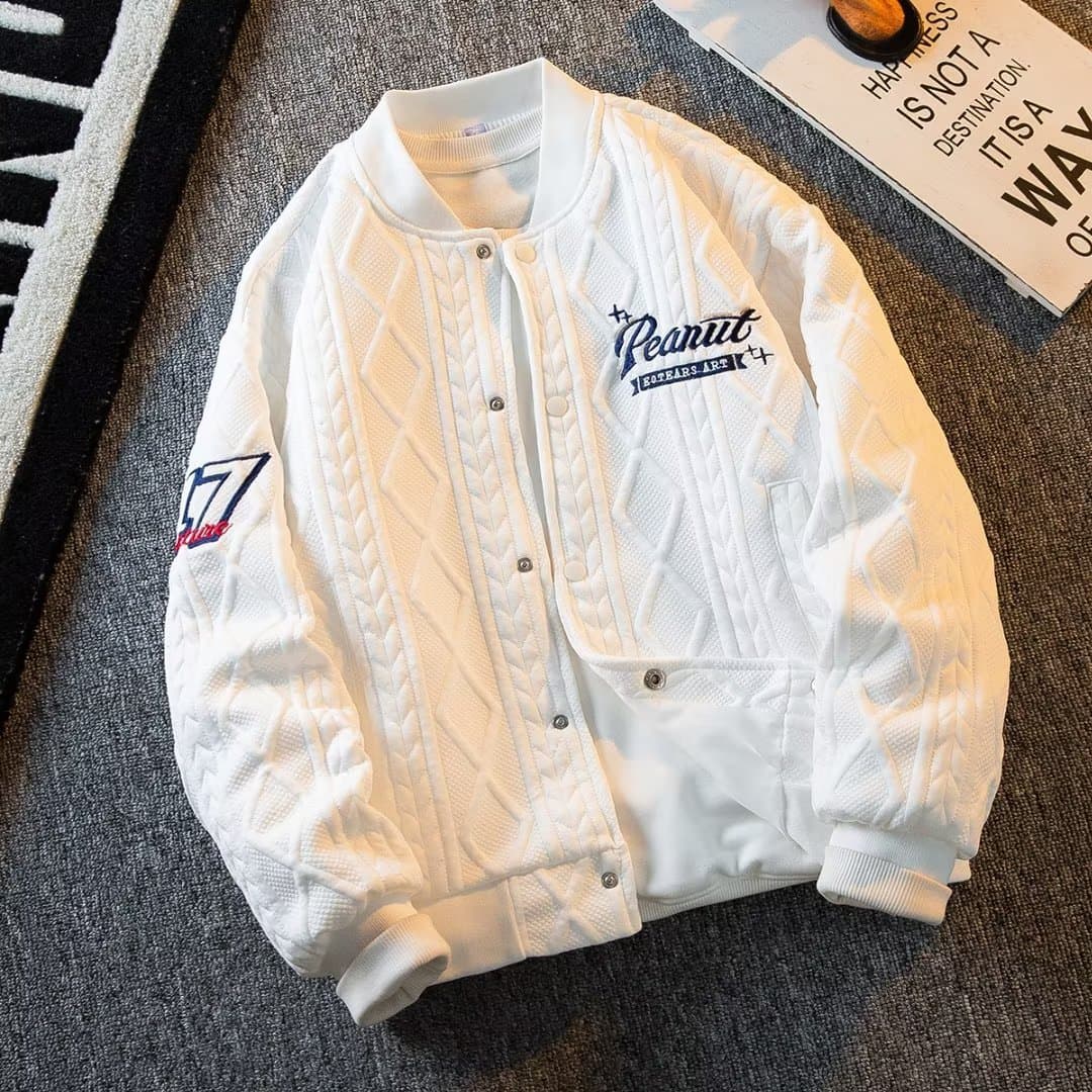 Men's Double-Layer Baseball Jacket – Embroidered Streetwear Zip-Up With Ribbed Hem (M-3XL, Black/White)