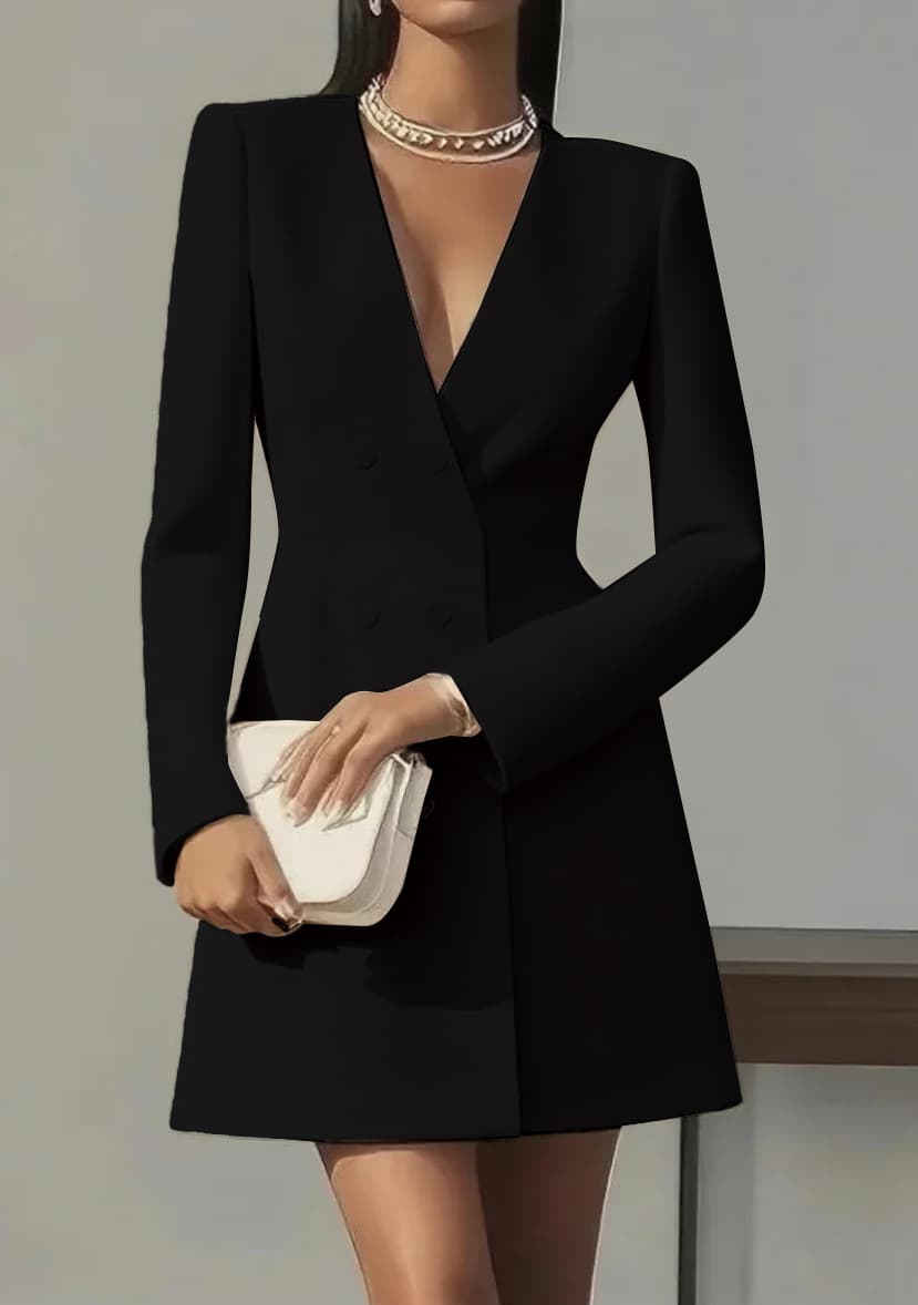 Robe élégante à manches longues et col en V, d'inspiration française, pour femme – Chic et polyvalente pour le bureau
