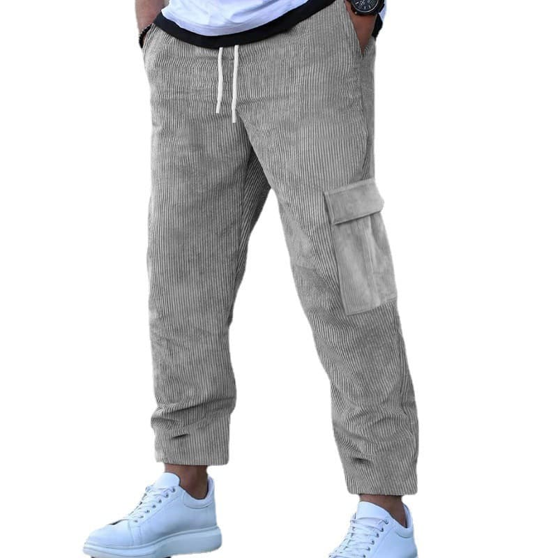 Men's trousers corduroy trousers men's autumn loose straight wide-leg trousers solid color multi-pocket men's casual trousers