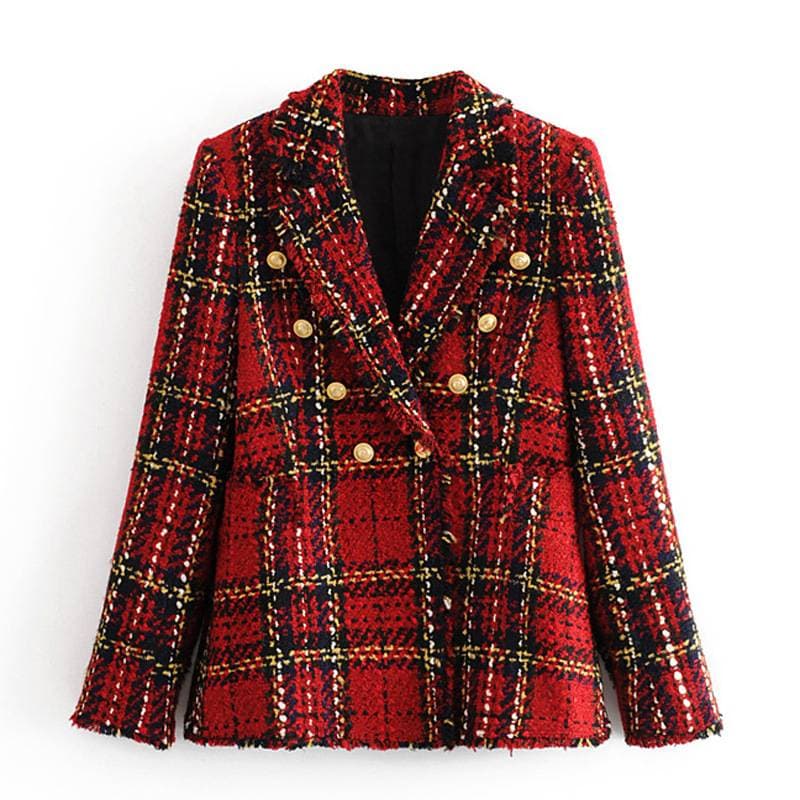 Women's new spring plaid long-sleeved double-breasted printed blazer
