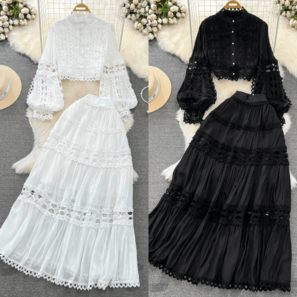 Women Standing Collar Hollowed Out Lace Top Two-piece High Waisted Skirt