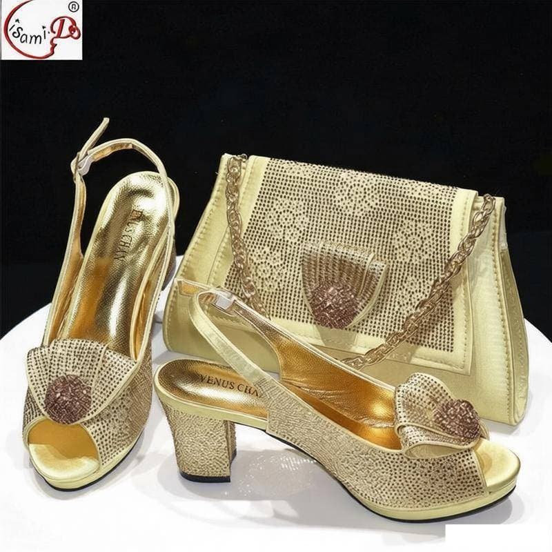 Women's Casual High Heeled Sandals Handbag Set Rhinestone Embellished Metallic Flowers Encrusted Summer Party Shoes