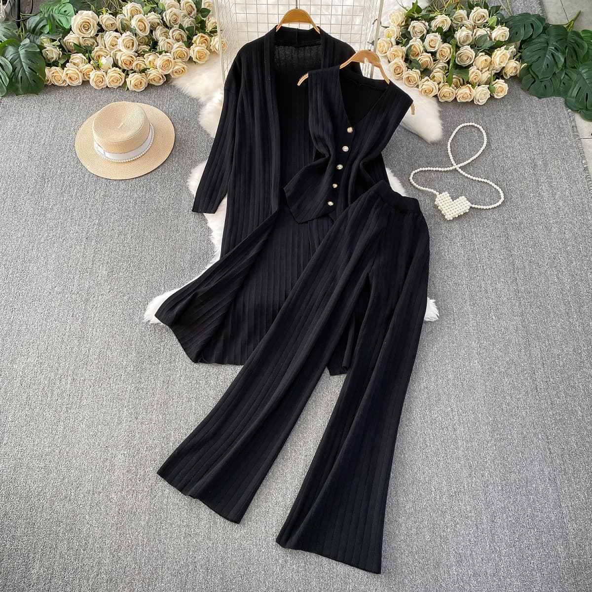 ​​Luxury Relaxed-Fit 3-Piece Set – Long Knit Cardigan + Vest + Wide-Leg Pants | Autumn Winter Elegance​​