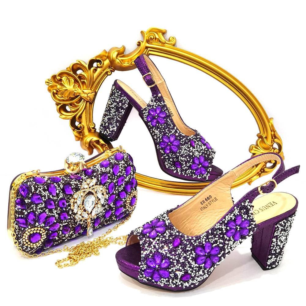 Women's Fish Mouth Backless High Heels Sparkling Stone Dress Shoes Matching Wallet
