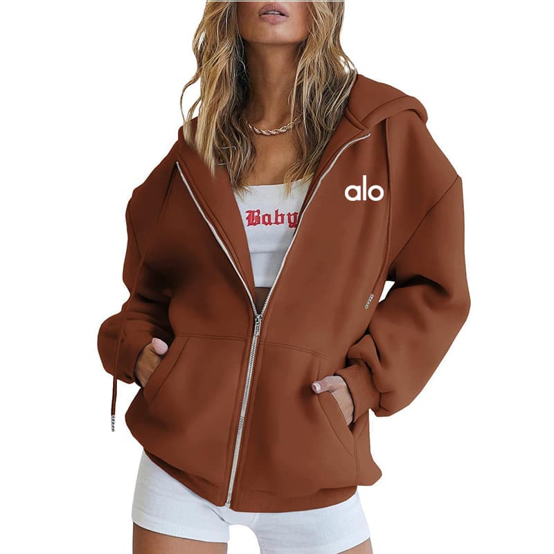 Sweat à capuche ample et zippé pour femme, logo brodé, manches longues, style décontracté et sportif