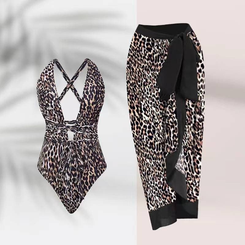 European and American conservative one-piece swimsuit silk fabric skirt two-piece set French retro leopard print swimsuit