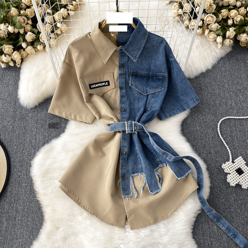 Women's Lapel Waist Slimming A-line Single-breasted Shirt Denim Dress Women's Medium-length Irregular T-shirt Skirt