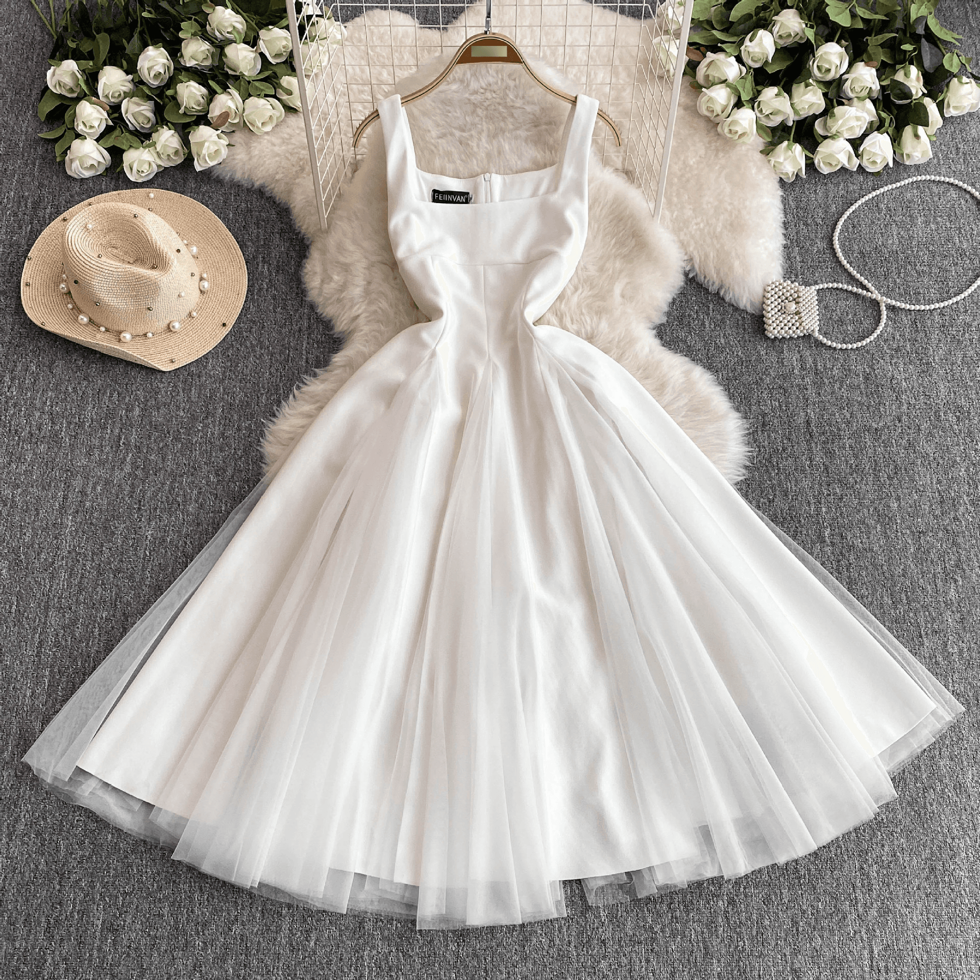 White Dress For Women French Temperament Square Collar Waist Slim Medium And Long Mesh Fairy Dress High End Dress
