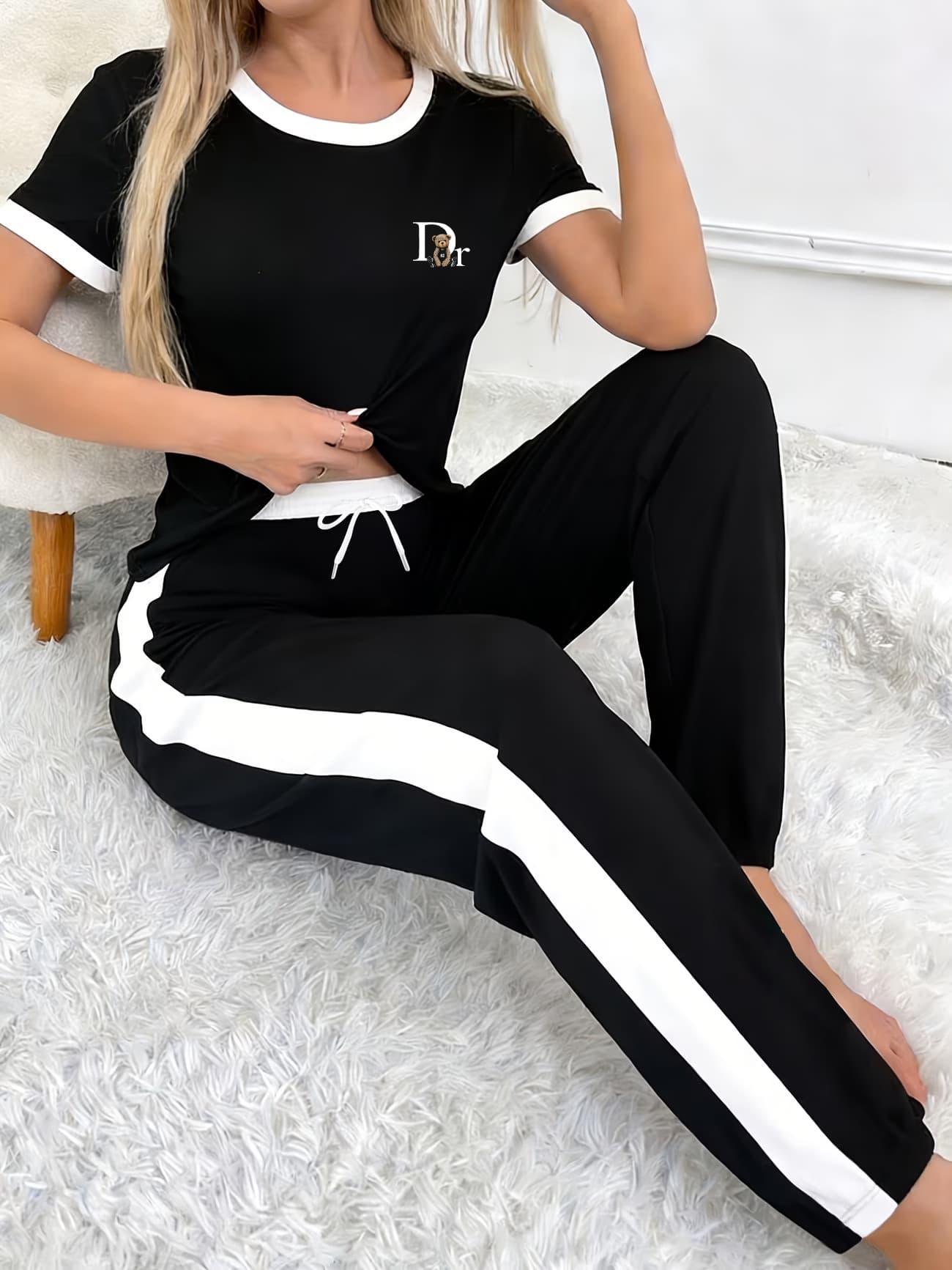 ​​Women's Printed Short-Sleeve Top & Drawstring Pants Set - Stylish Summer Loungewear​​-D