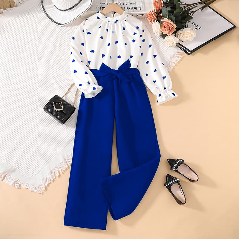 Girls Spring Clothing Set Heart Print Long Sleeved Top And Bottoms Style Children's Wear For 7-12 Year Olds