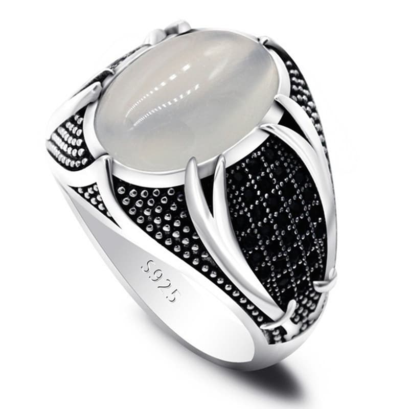 Black Diamond-Studded Curved Knife Men's Oval Thai Silver Ring Jewelry