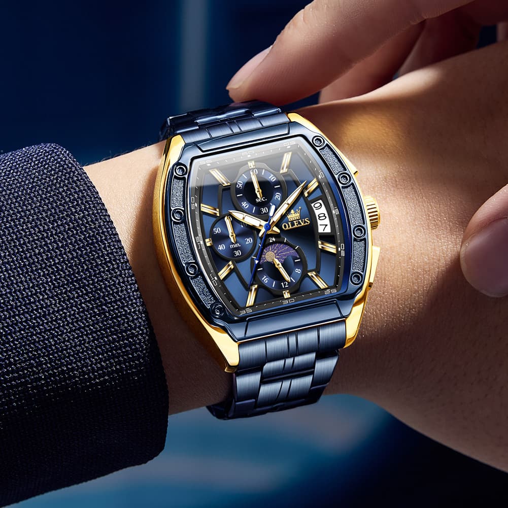 Men Moon Phase Chronograph Quartz Wrist Watch For Man Casual Sport Blue Stainless Steel Waterproof Male Watch Relogio