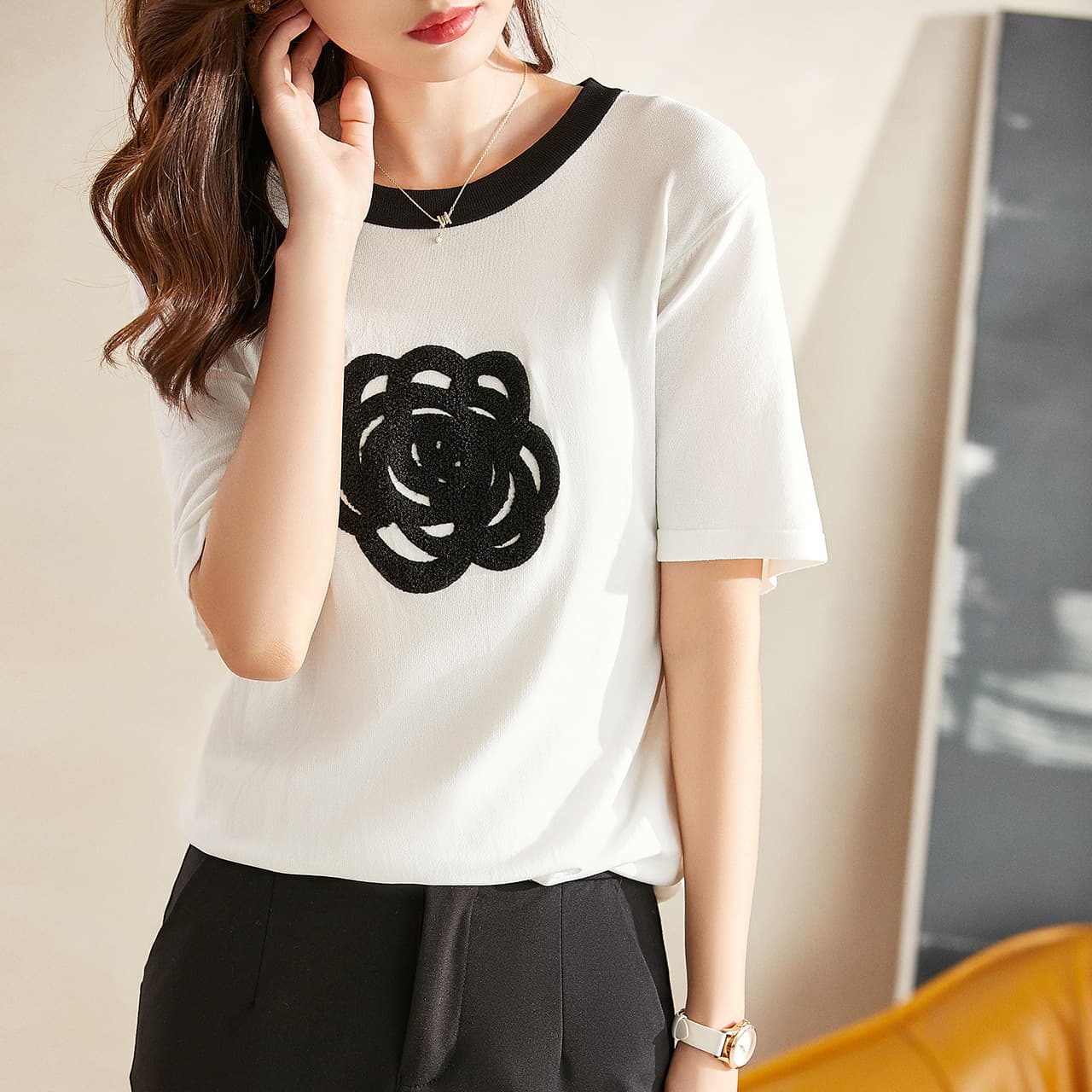 Women's Clothing Sweater For Women Summer New Style Camellia Three Dimensional Towel Embroidered Top Loose Short Sleeved T Shirt
