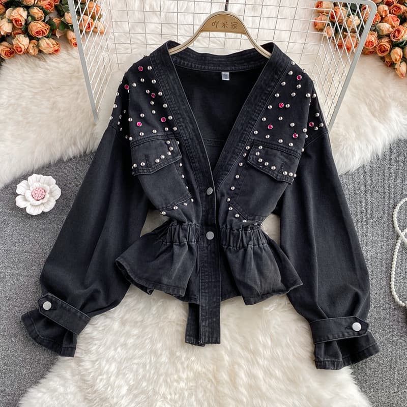 Women's V-neck Beaded Denim Jacket