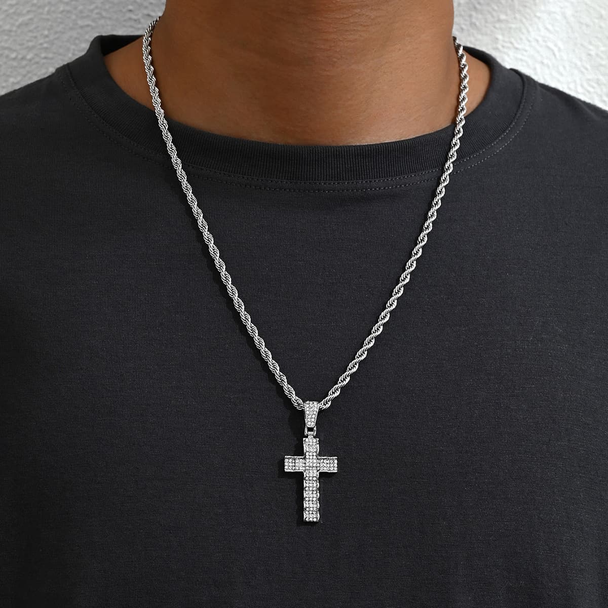 Hip Hop Full Diamond Cross Pendant Couple Necklace Fashion OL Trendy Men's Cuban Chain Neckchain