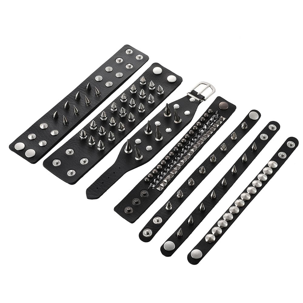 Punk Style 7-Piece Set Rivet Rock Spiked Wristbands Men's Leather Personality Bracelets