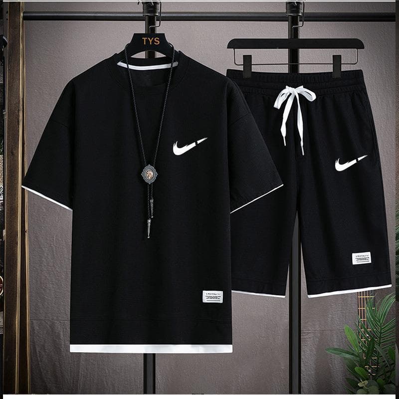 Gaufre T-shirt hommes deux pièces ensemble Couple ample mode grande taille 5/4 pantalon extérieur décontracté