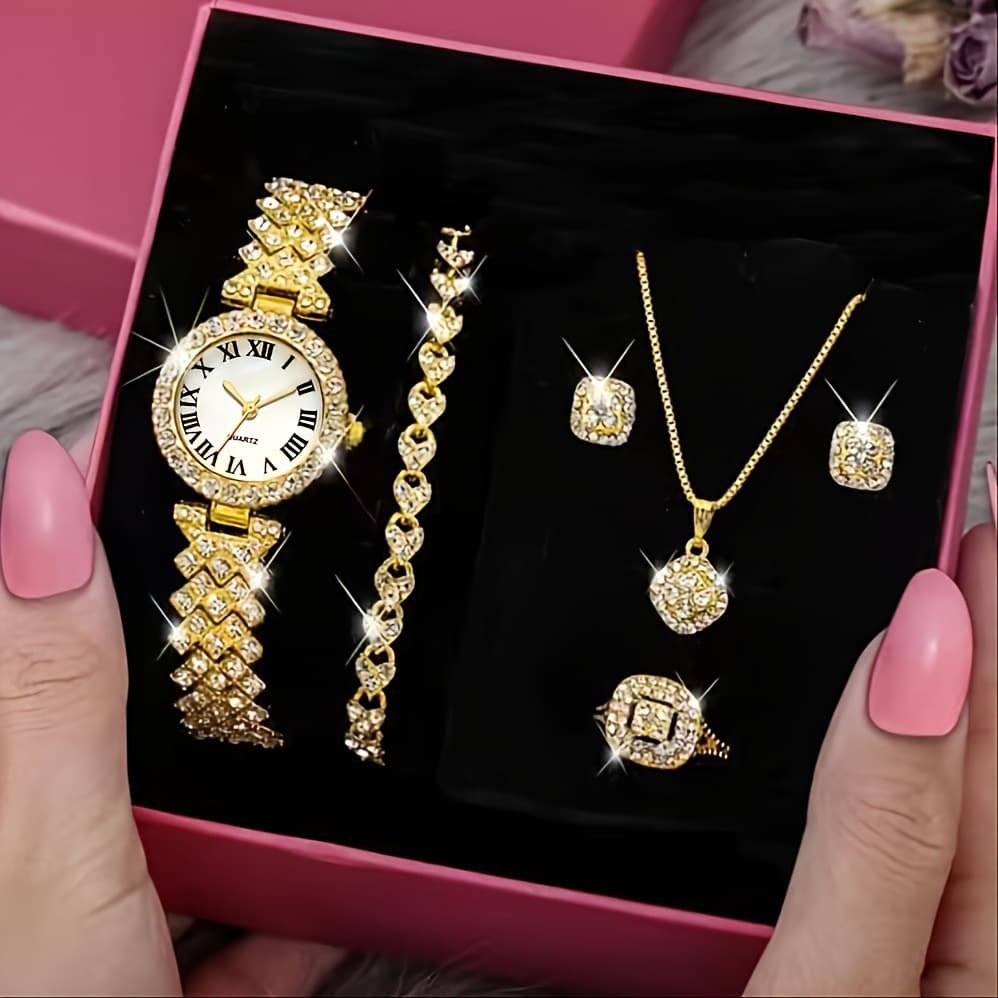 Elegant Orange Luxury 5-Piece Women's Watch Set With Diamond Accents & Quartz Movement – Perfect Gift Box​