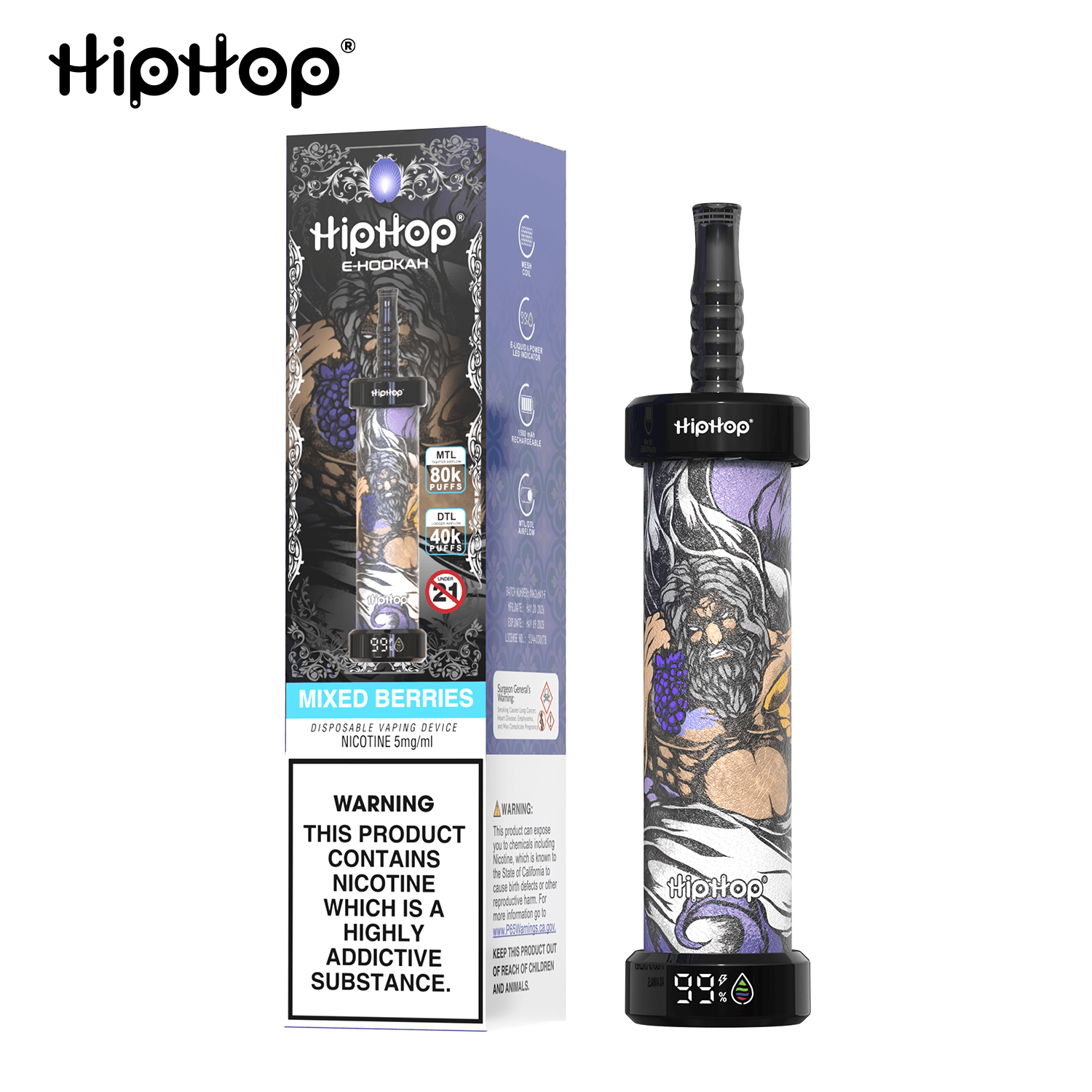 Cigarette électronique jetable HipHop rechargeable, jusqu'à 80 000 bouffées