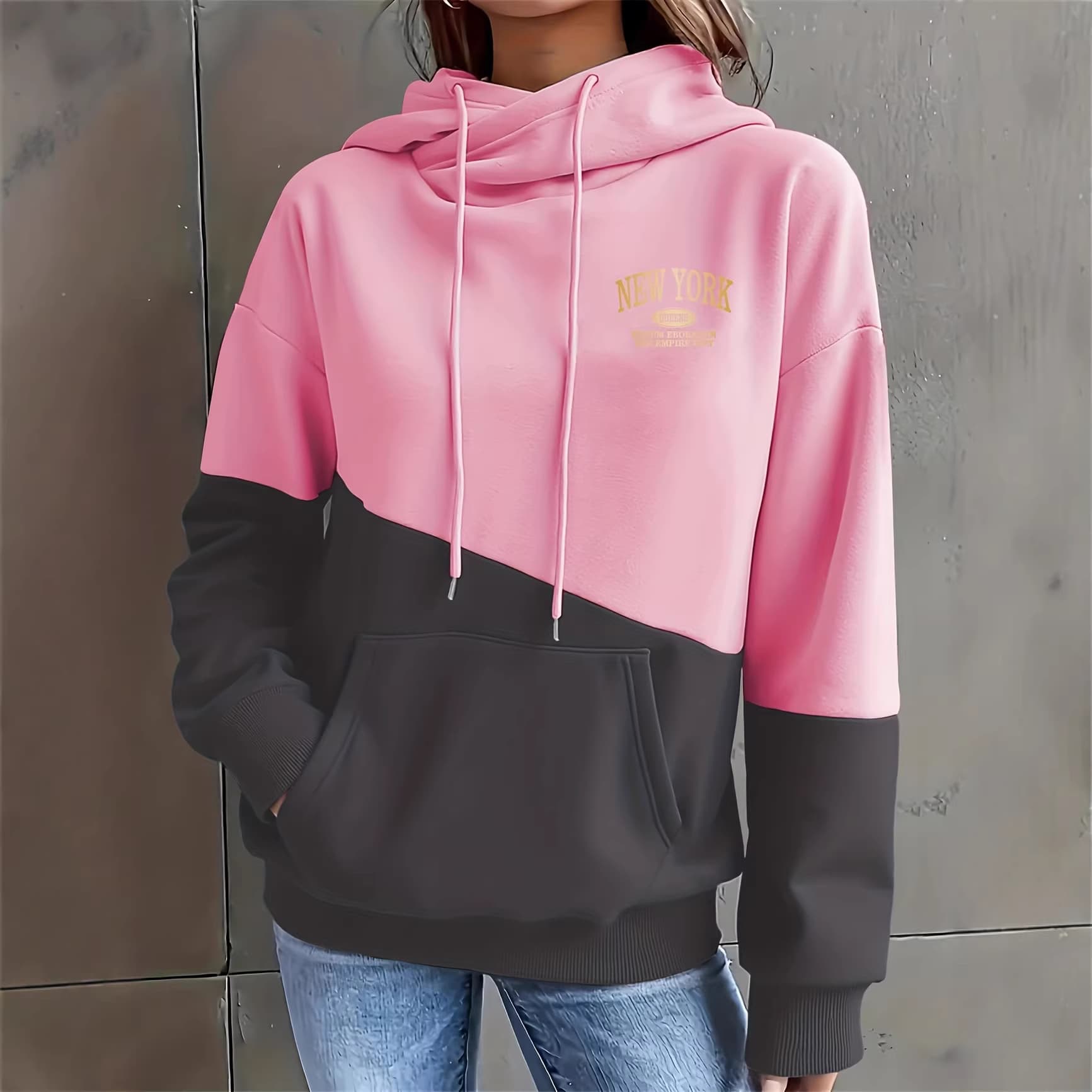 Women's Fleece Lined Hooded Sweatshirt Casual Loose Drawstring Print Design American Style Hot Selling Autumn Winter Clothing