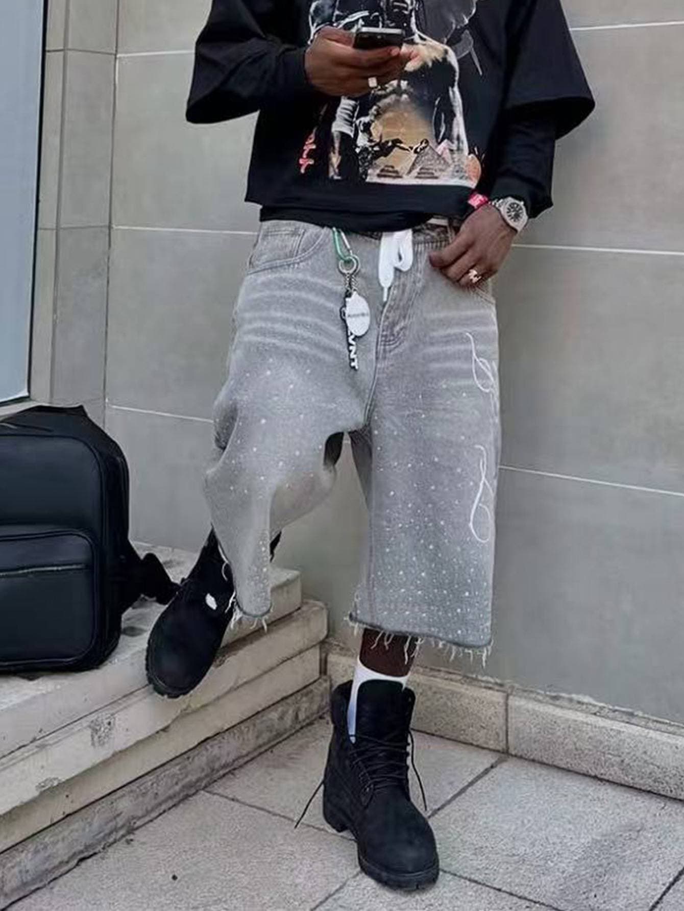 Retro Washed High Street Denim Shorts Straight Wide Leg Distressed Loose Casual Versatile Cropped Pants For Men