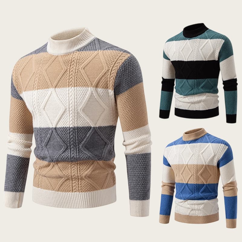 ​Men's Fashion Color-Block Knitted Sweater With Embroidered Badge, Soft & Warm Winter Pullover, Loose Fit Crewneck Long Sleeve Casual Top​