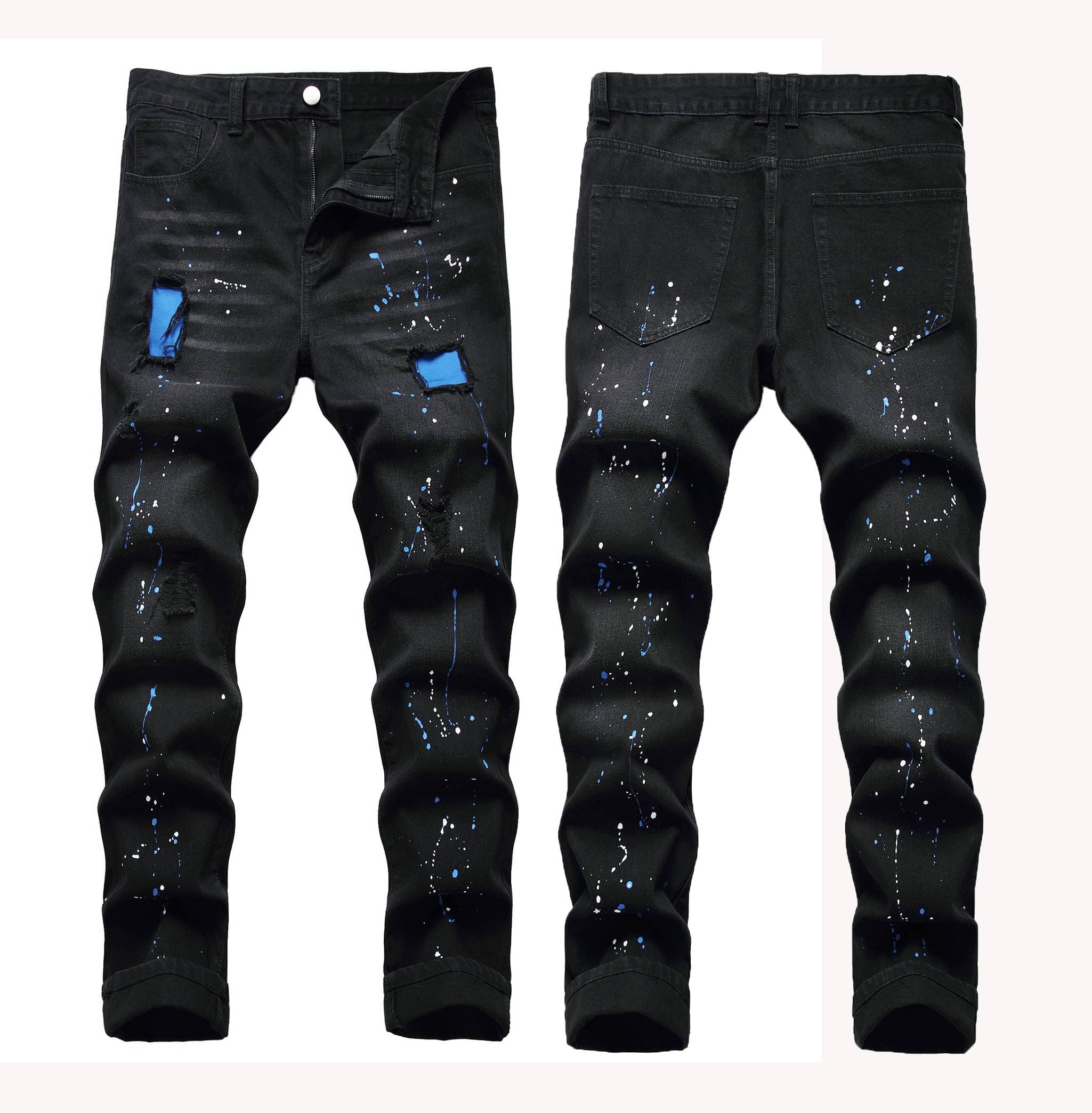 Men's Clothing 2026 Slim Fit Distressed Jeans – Stretch Black Denim Pants With Paint Splatter (28-42, Streetwear Style)​