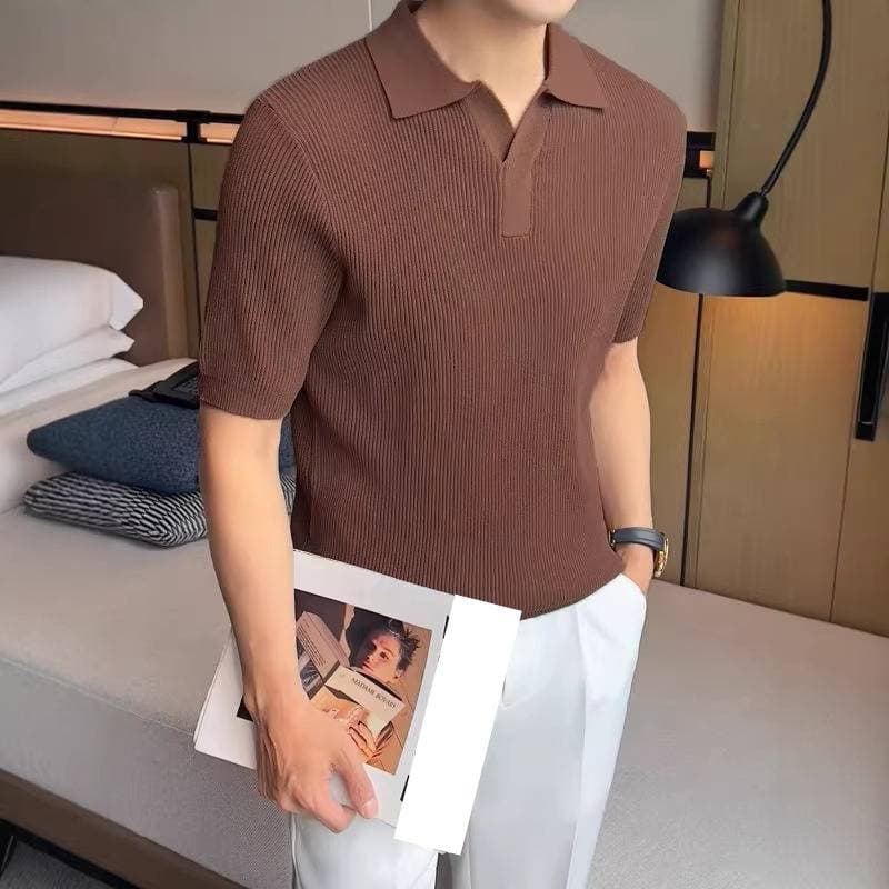 Mature Men's American Casual Summer V Neck Polo Shirt Ice Silk Knitted Short Sleeve Simple T-Shirt