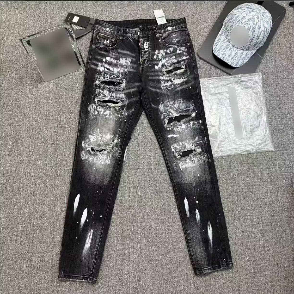 Men's Slim Fit Distressed Patchwork Jeans European Style Four Button Trendy High Street Fashion Ripped Inkjet