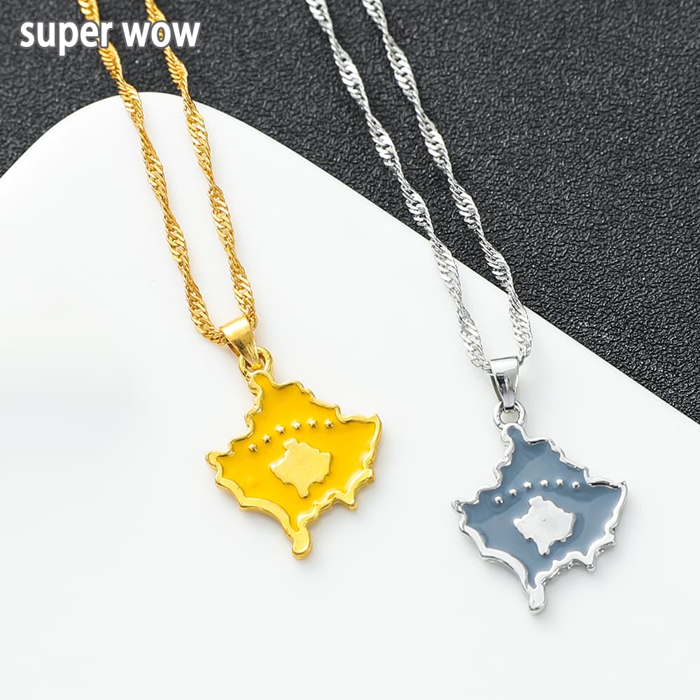Kosovo Map Flag Pendant Necklace Women Man Gothic Gold Color Map Flag Neck Chain Necklace For Ethnic Jewelry Accessories