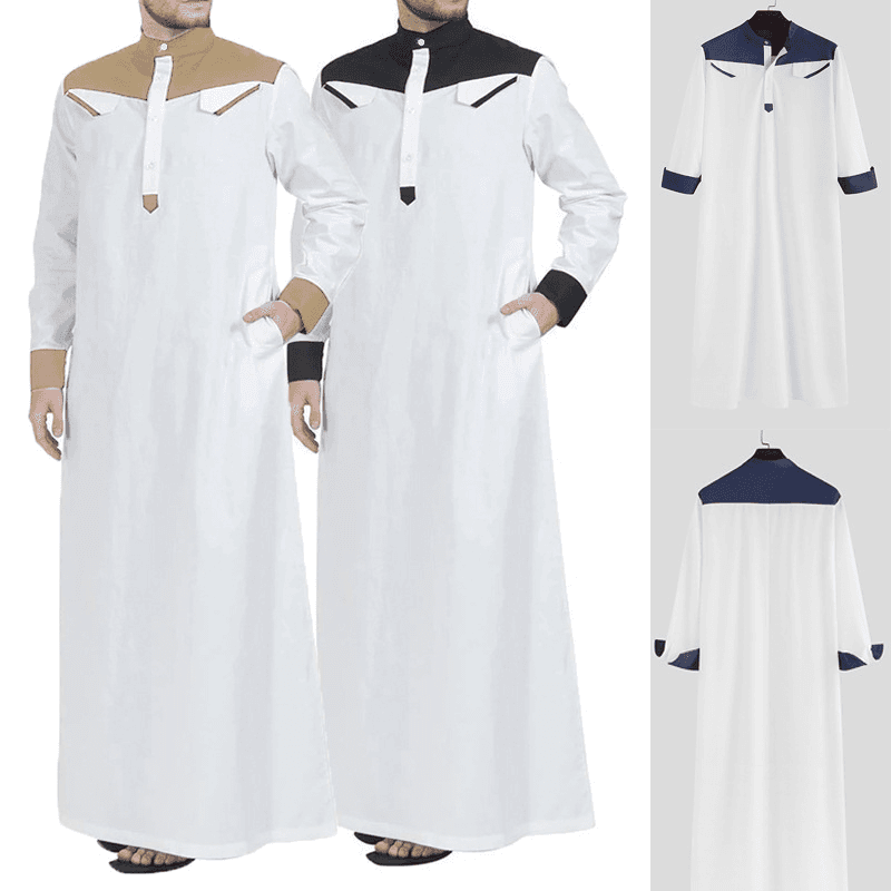 Men'S Muslim Men'S Wear Middle East Loose Collar Contrast Long-Sleeved National Style One-Piece Robe