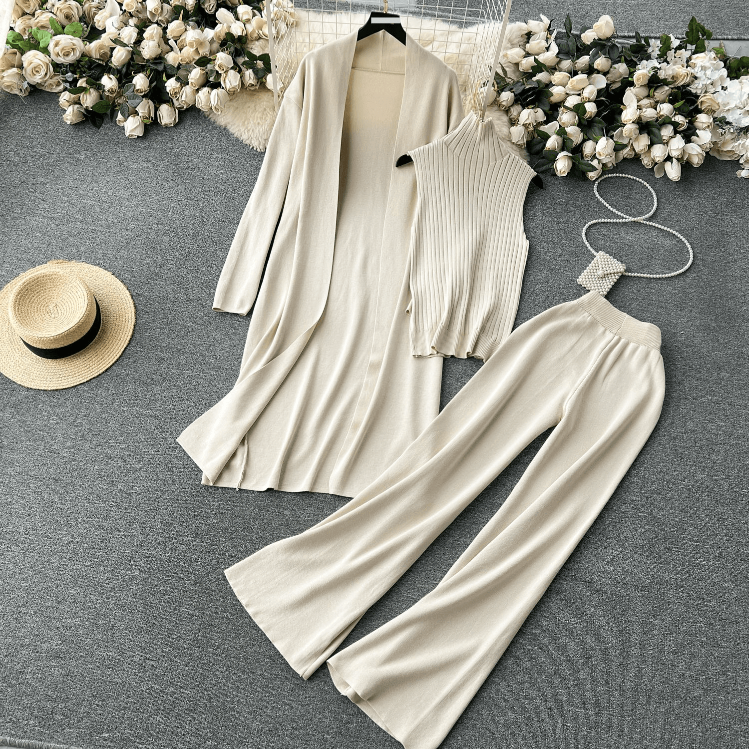 Women's Clothing Autumn new lazy loose knitted suit women's long shawl cardigan + turtleneck sweater + wide-leg pants three-piece set