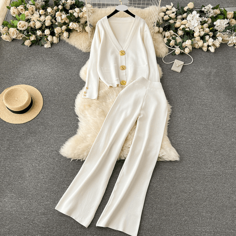 Women's Clothing small dress versatile metal button long sleeved cardigan sweater wide leg pants knitted two piece suit