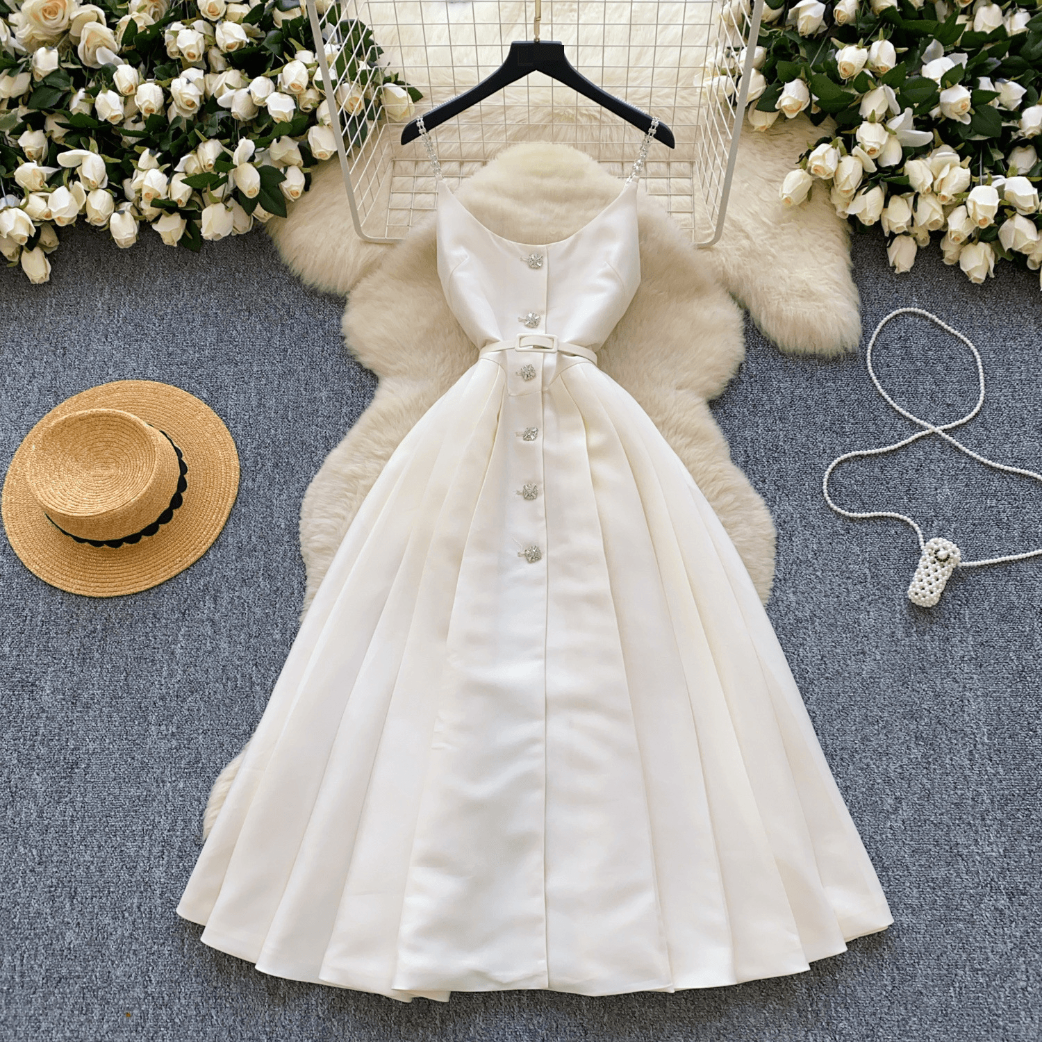 Women's Clothing Light Luxury Dummy Style Sling Dress Women's Summer Pleated Waist Slimming