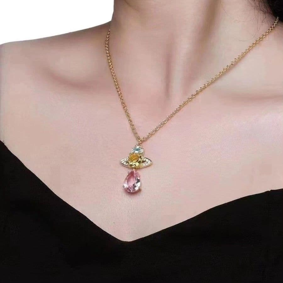 Vivienne Mermaid Tears Drop Necklace Pendant Full Diamond Saturn Clavicular Chain XTH005