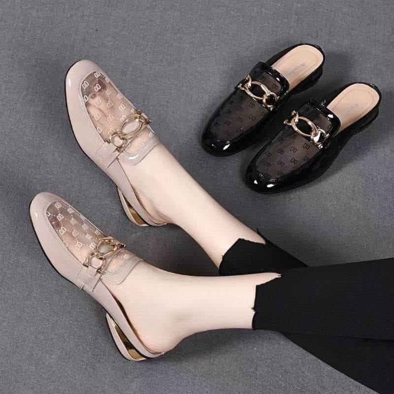 Baotou Half-soled Women's Summer 26th New Soft Leather Thick Heel Flip-flop, Lacquered Leather Low Heel