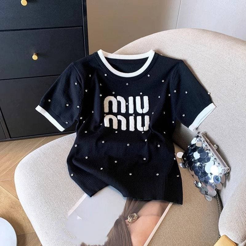 Pull en tricot à manches courtes pour femme avec motif diamant