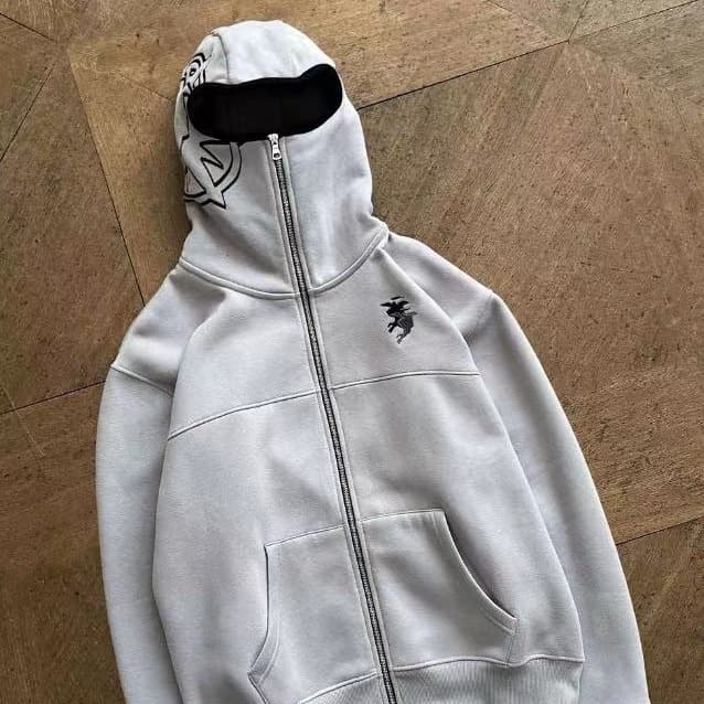 Zip Up Hoodie With Unique Design Double Zipper On Top And Bottom, Featuring A New Eye-catching Minimalist Embroidered