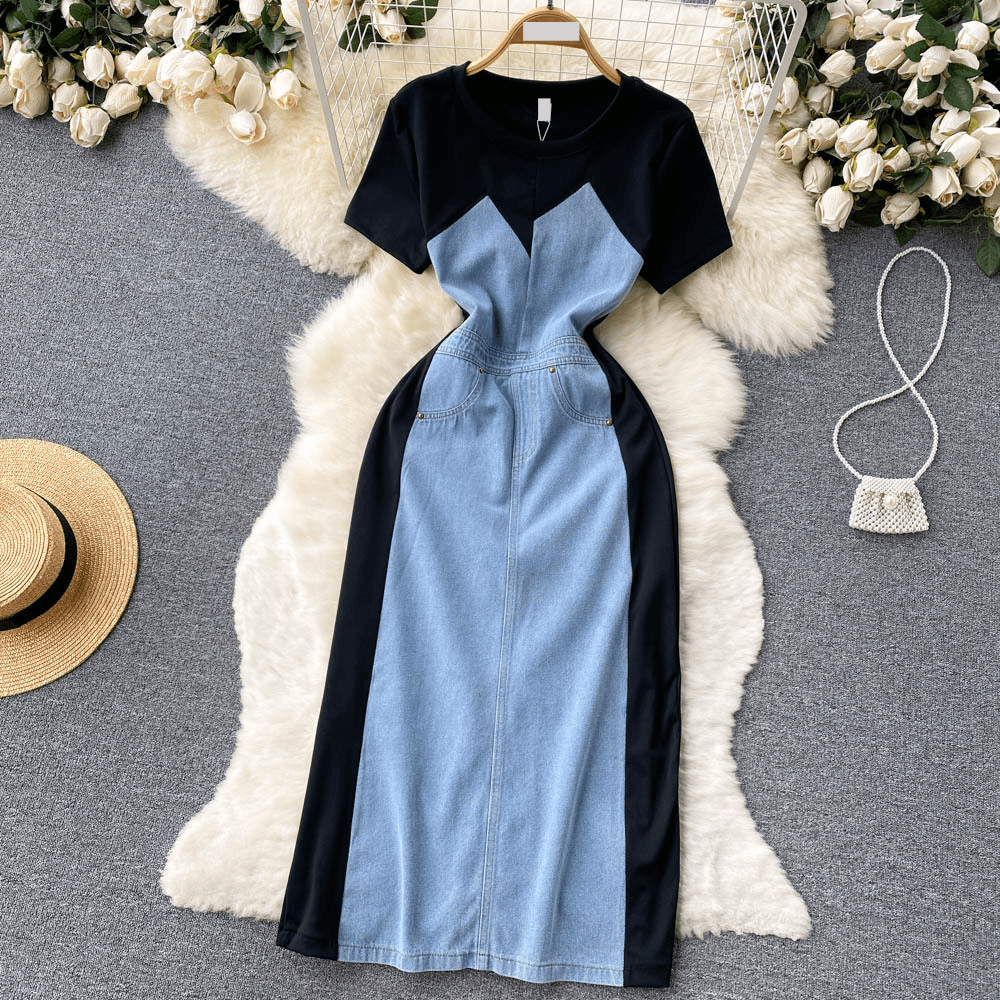 Women's Clothing High-grade cool style contrast color denim patchwork dress summer women's clothing unique and beautiful waist mid-length skirt trendy