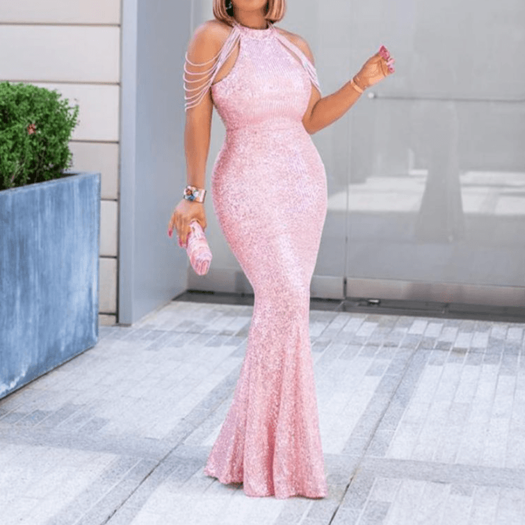 Glamorous Sequin Evening Gown with Elegant Shoulder Chains