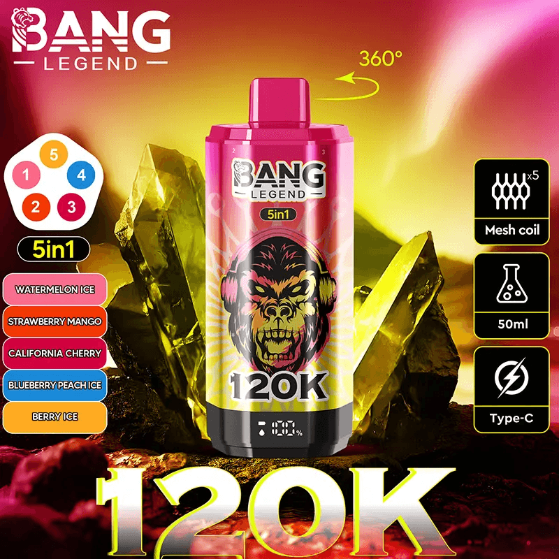 Lot de 2 cigarettes électroniques jetables Bang Legend 120 000 bouffées avec écran, saveurs fruitées et glacées.