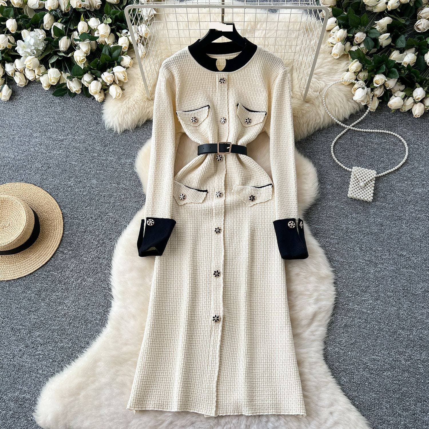 ​​"Elegant Long Sleeve Maxi Dress With Metallic Buttons – Slim Waist & Side Slit For Timeless Sophistication"​​