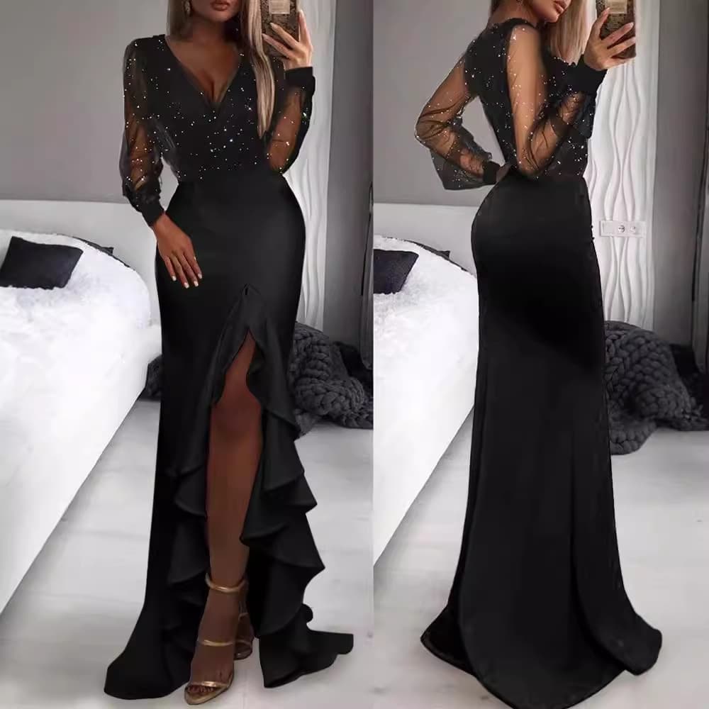 Women's Clothing Hip Wrapped Mid Waist Black Literary Mesh Sequins Temperament Commuter Long Skirt Dress