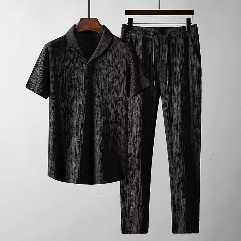 Men's Clothing Summer New Casual Sports Suit Men's Trendy Pleated Thin Green Fruit Collar Short Sleeve Long Pants Two piece Suit