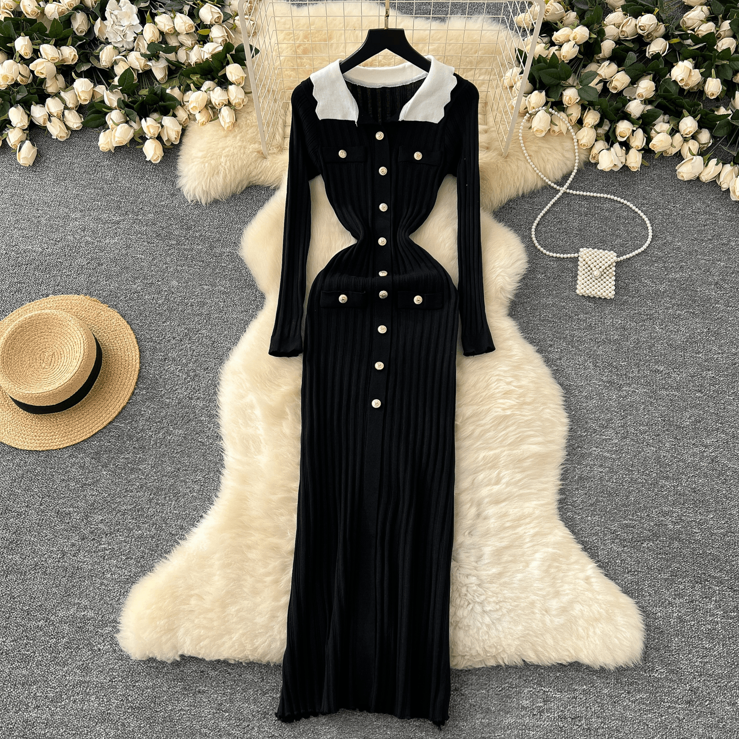 Women's Clothing High End Retro Contrast Color Lapel Long Sleeves Metal Button Slim Fit Temperament Vertical Striped Knitted Dress
