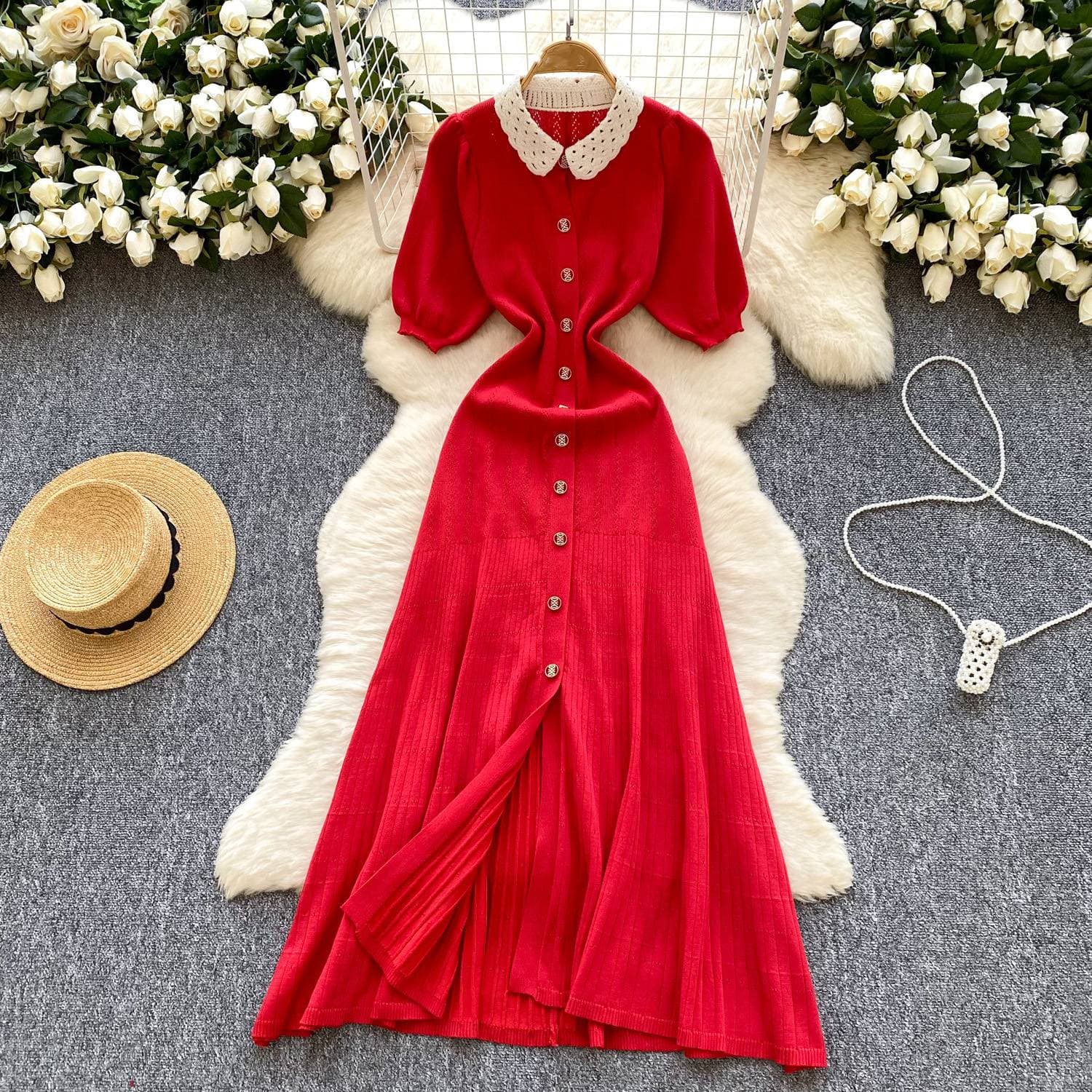 Women's Clothing Lace Collar Puff Sleeves Slim Fit Short Sleeves Knitted Dress Single Row Gold Button Long Skirt