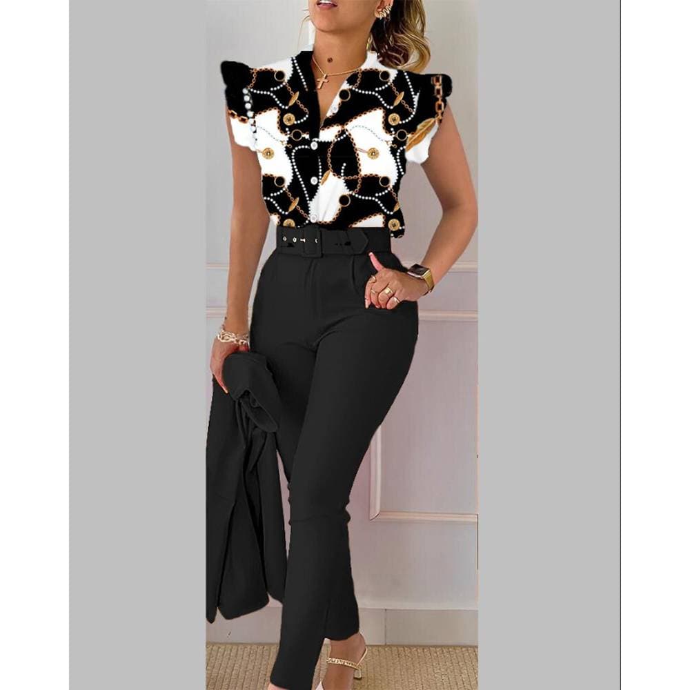 Women's new fashion printed lotus leaf sleeve top solid color pants suit with belt